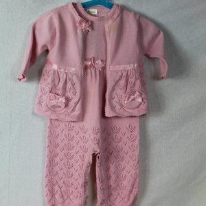 3 Piece Layette - Knitted Pink Bodysuit +  Cardigan w/ Lace/Bows + Hat (3 mos)